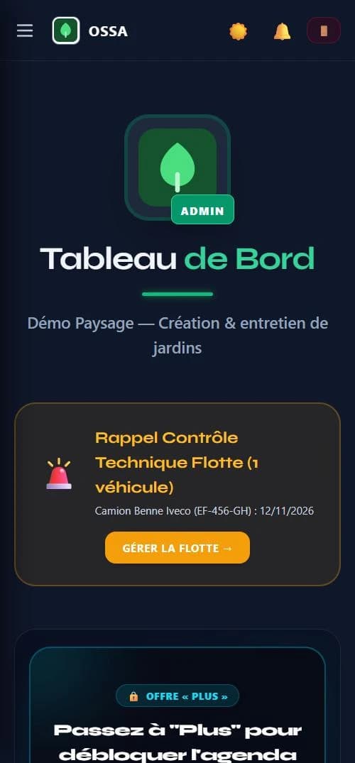 Tableau de bord OSSA avec un rappel de contrôle technique de véhicule